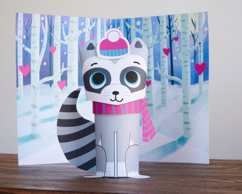 Printable 3d raccoon valentine's day card