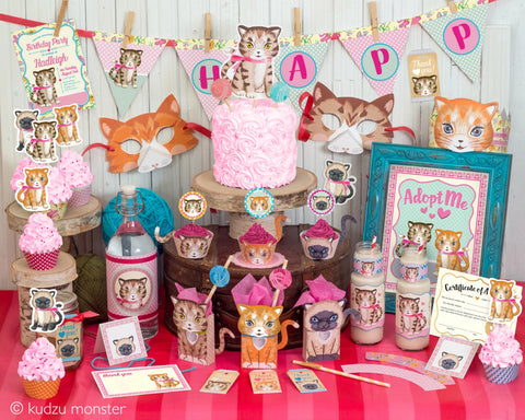 Printable vintage cat birthday party decor kit