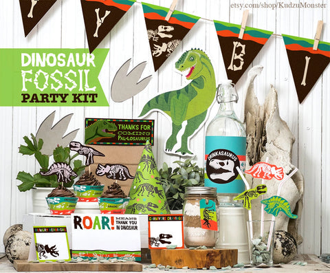 Printable dinosaur fossil birthday party decor kit