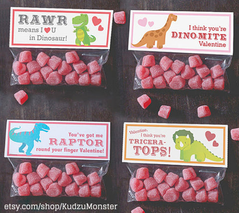 Printable dinosaur treat bag topper valentines