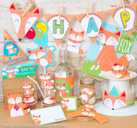 Printable fox birthday party decor kit