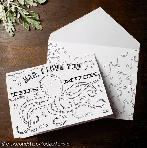 Printable octopus coloring father's day card