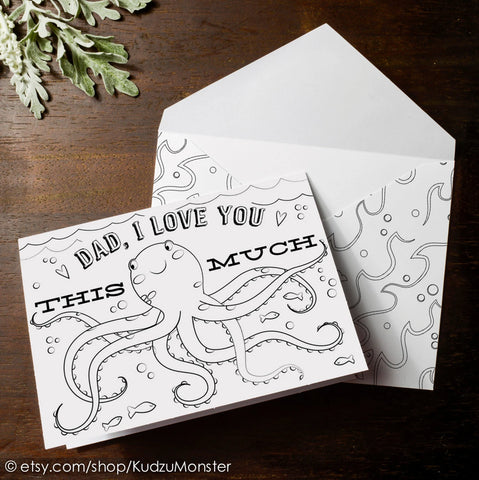 Printable octopus father's day coloring card