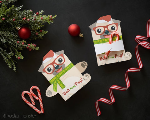 Printable pug candy cane hugger