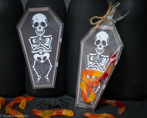 Printable open coffin skeleton treat bag insert