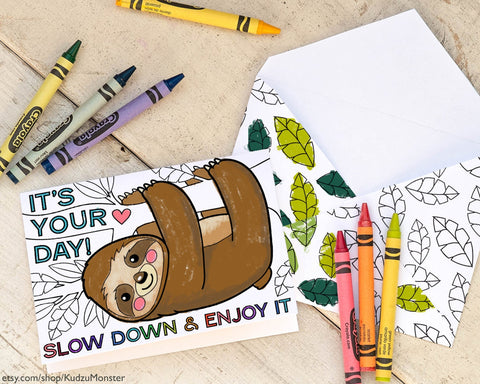 Printable sloth coloring father's day card