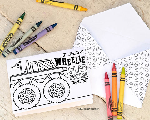 Printable monster truck father's day coloring card