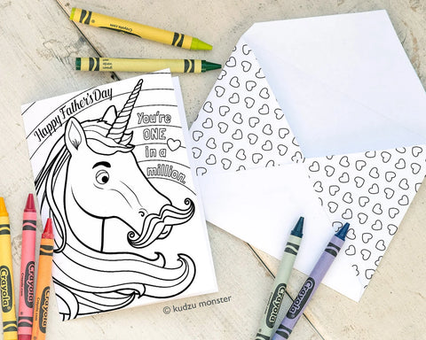 Printable unicorn father's day coloring card