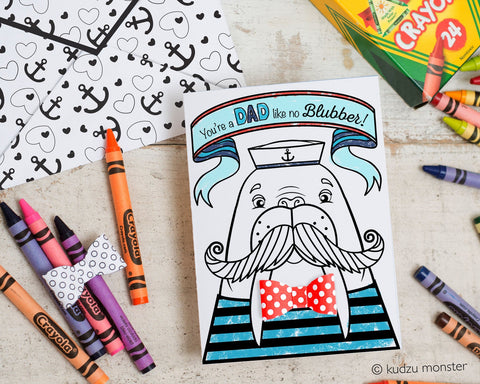 Printable walrus coloring father's day card