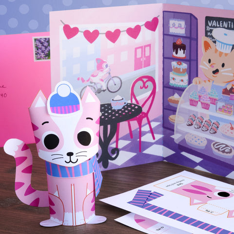 Printable mailable 3D cat craft kit valentine