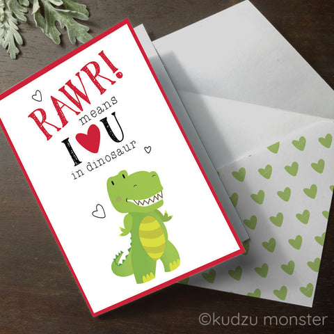 Printable dinosaur valentine's day card