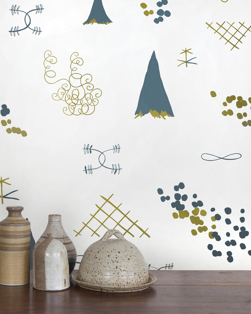 Family Reunion - Aquatic and Gold on Cream - Commercial Wallcovering - Thatcher