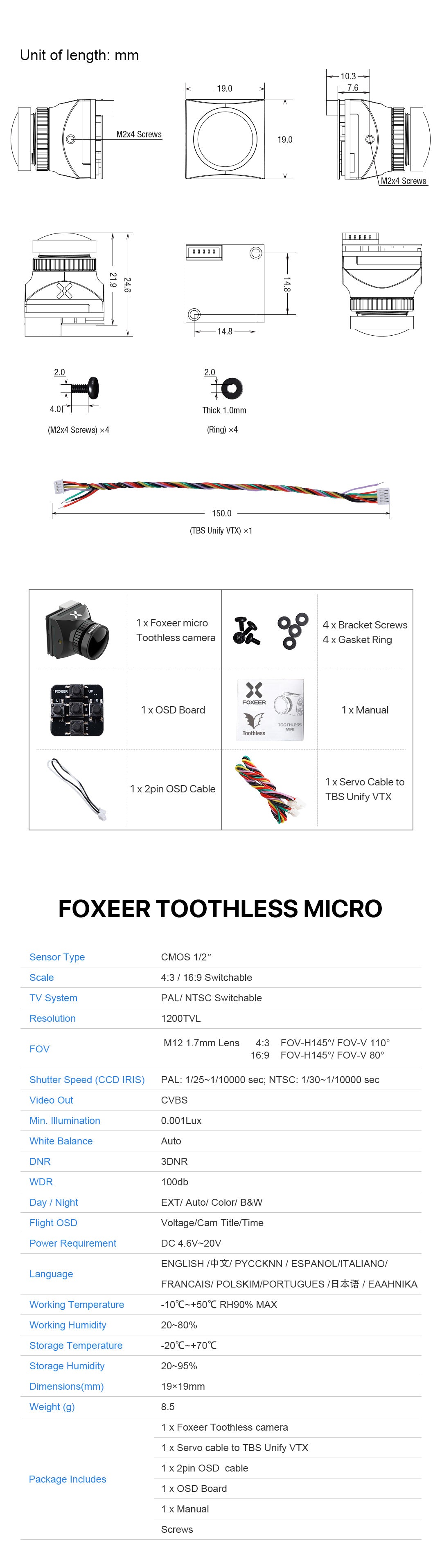 Foxeer 1200TVL 1/2" Sensor Micro Toothless FPV Camera M12 Lens