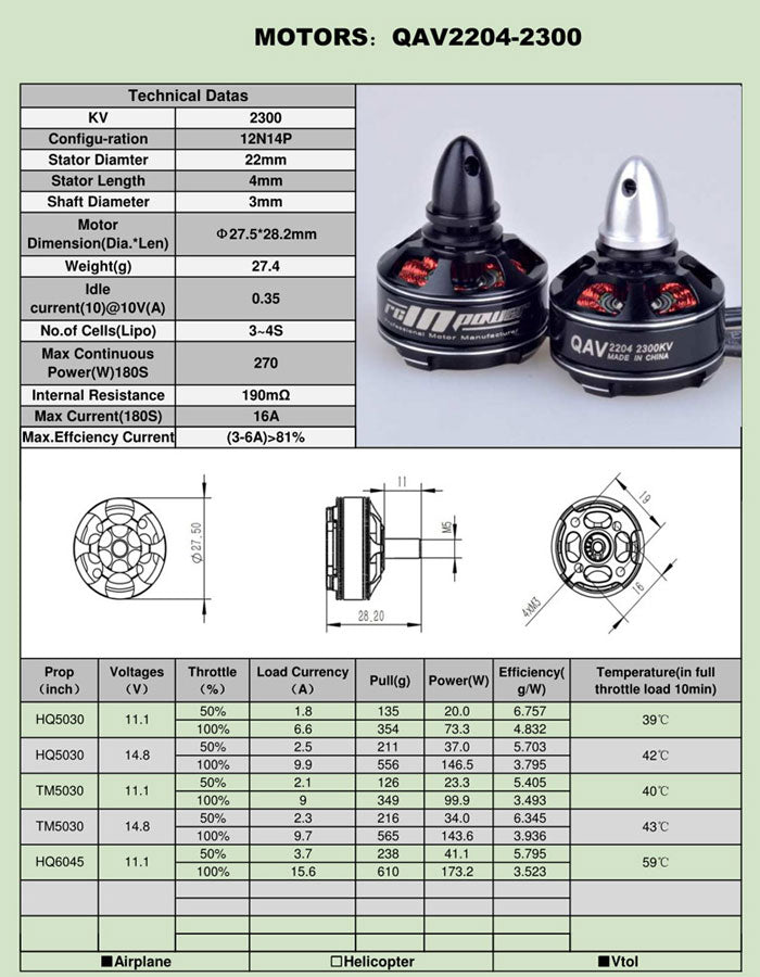 RCINPOWER QAV2204 2300KV CW/CCW Brushless Motor For QAV250 Quadcopters