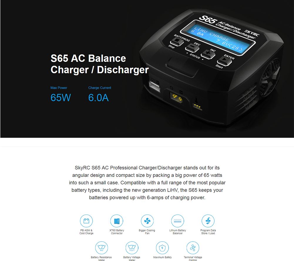 SkyRC S65 65W 6A AC Balance Charger Discharger for 2-4S Lipo Battery