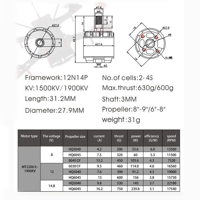 Emax MT2206Ⅱ 1900KV Cooling Brushless Motor for Quadcopter QAV250