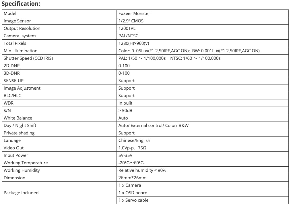 Foxeer Monster 16:9 Widescreen 1200TVL FPV Camera