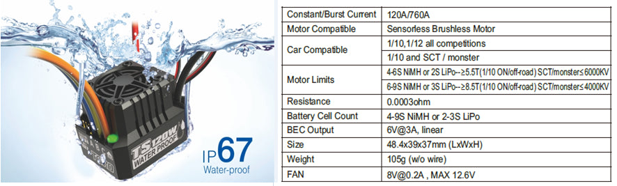 SkyRC Toro TS120W 120A Waterproof Brushless ESC 1/10 RC