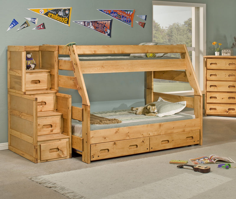 wooden bunk bed with stairs