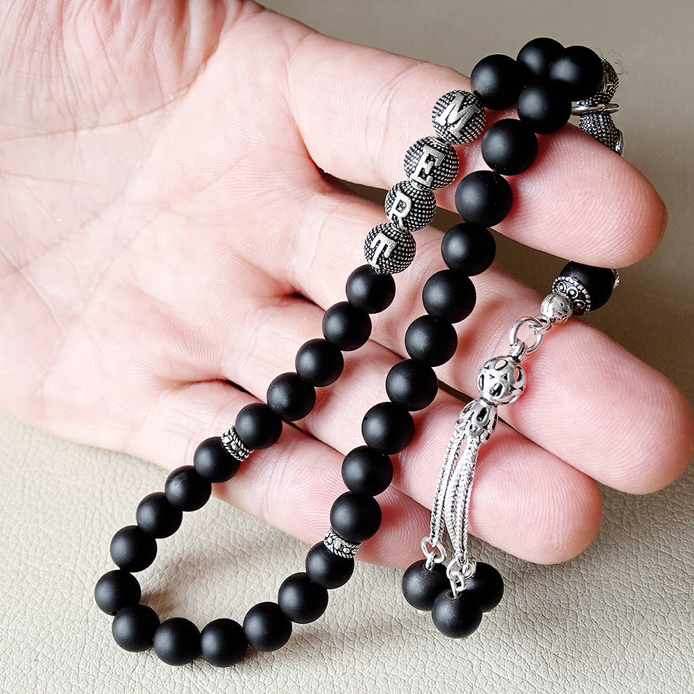Personalized 925 SILVER 33 Islamic Prayer Beads Natural Onyx Tasbih Mi ...