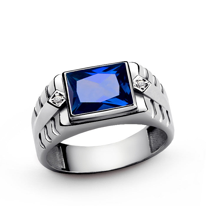 Mens Sapphire Ring With Genuine Diamonds In 925 Sterling Silver J F M 0618