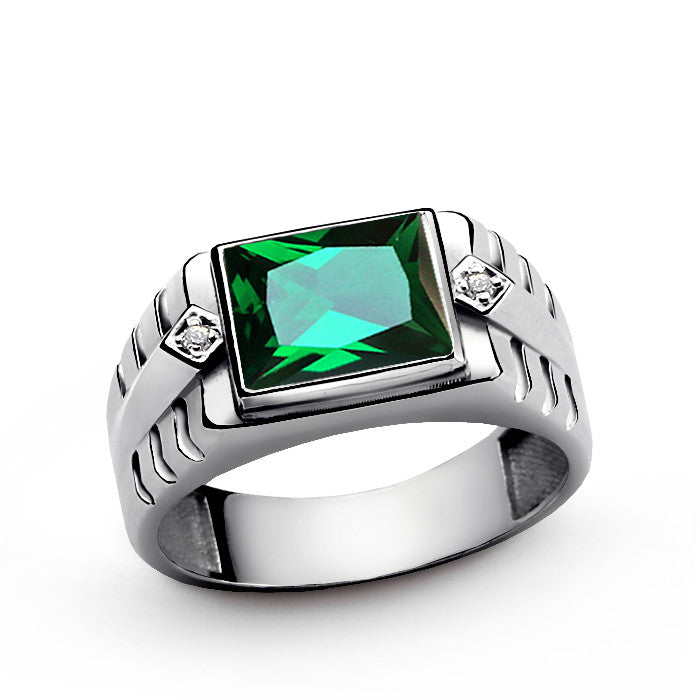 Green Emerald Gemstone Men's Ring Sterling Silver with Natural Diamonds