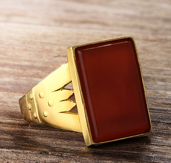 Men's Statement Ring in 10k Yellow Gold with Red Agate Stone