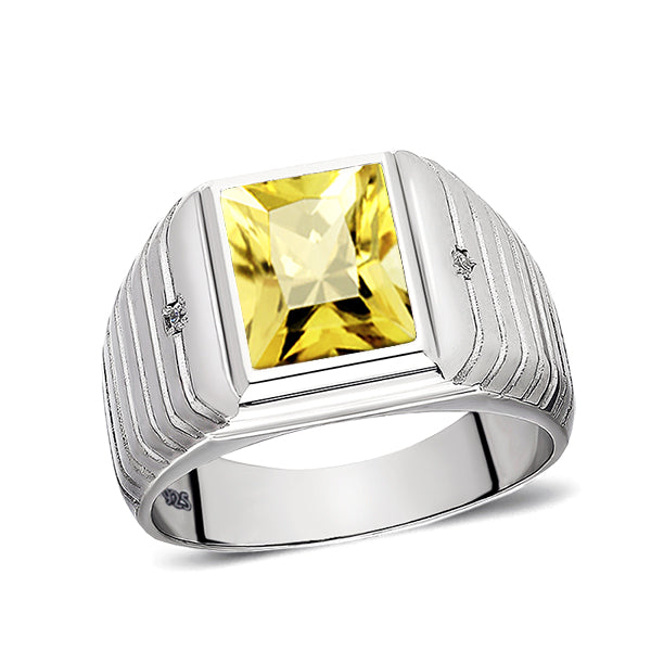Citrine Ring for Men 2 Diamond Accents in Real 925 Solid Sterling Silv ...