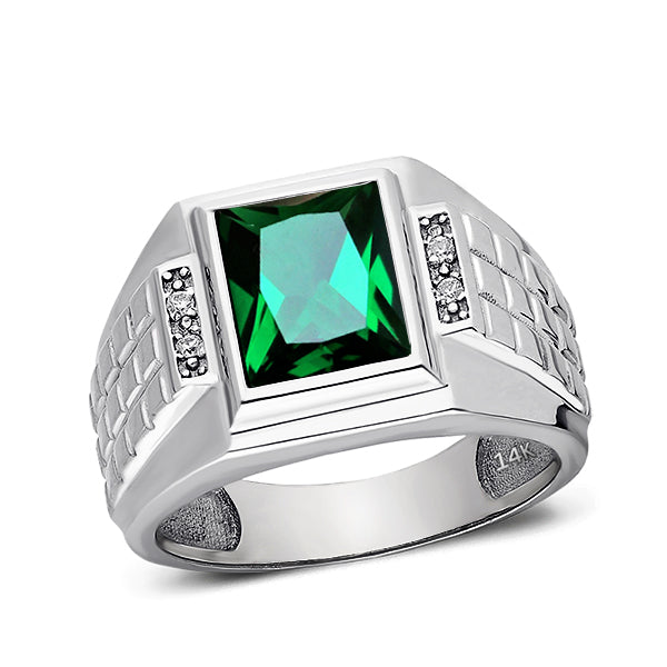 Perfect 14K White Gold Emerald Men's Ring 0.08ct Natural Diamonds Ring ...
