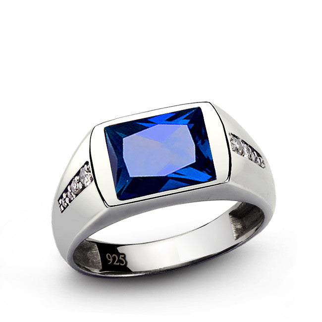 Men's Diamond Ring with Blue Sapphire in 925 Sterling Silver