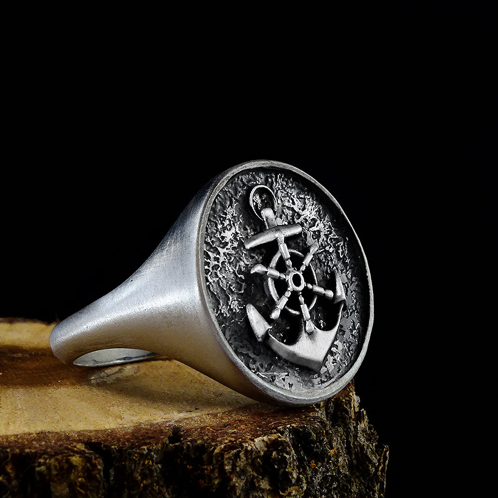 Men's Anchor Signet Ring Vintage Style Silver Nautical Jewelry