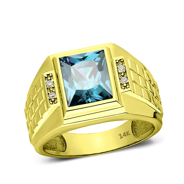 Blue Topaz Ring for Men in Solid Fine 14K Yellow Gold Natural Mens Dia ...