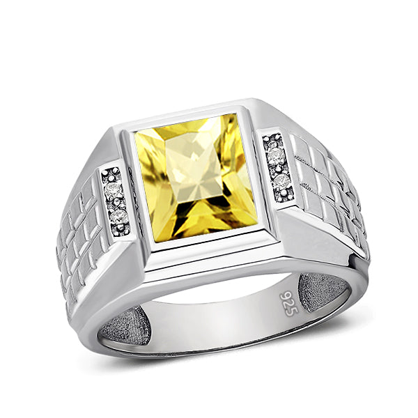Citrine Ring for Men 4 Diamond Accents in Real 925 Solid Sterling ...