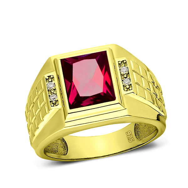 925 Solid Silver Mens Red Ruby Ring 18K Gold Plated With 4 Diamond ...