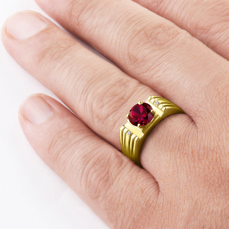 Mens Ring With Red Ruby And Genuine Diamonds In 10k Yellow Gold