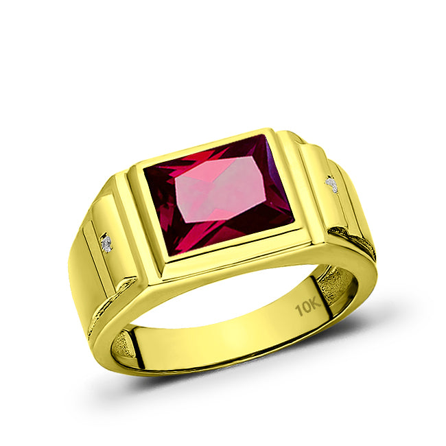 NEW Solid 10K Yellow Fine Gold Red Ruby Mens Ring with 0.04ct Natural ...