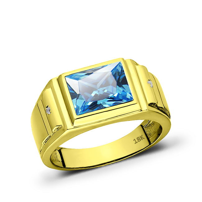 Mens Solid 18K Gold Blue Topaz Gemstone Ring 2 Natural Diamond Accents ...