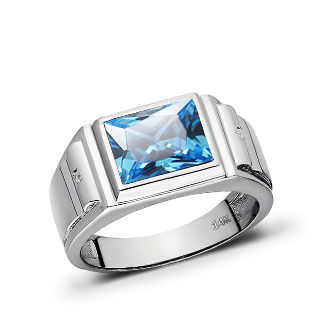 Mens Ring Solid 14K Real White Gold Topaz 0.04 ct Natural Diamonds Rin ...