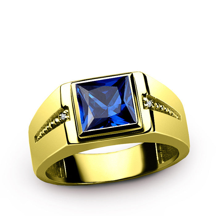 Men's Ring 14K Yellow Gold with Sapphire and Natural Diamonds, Men's ...