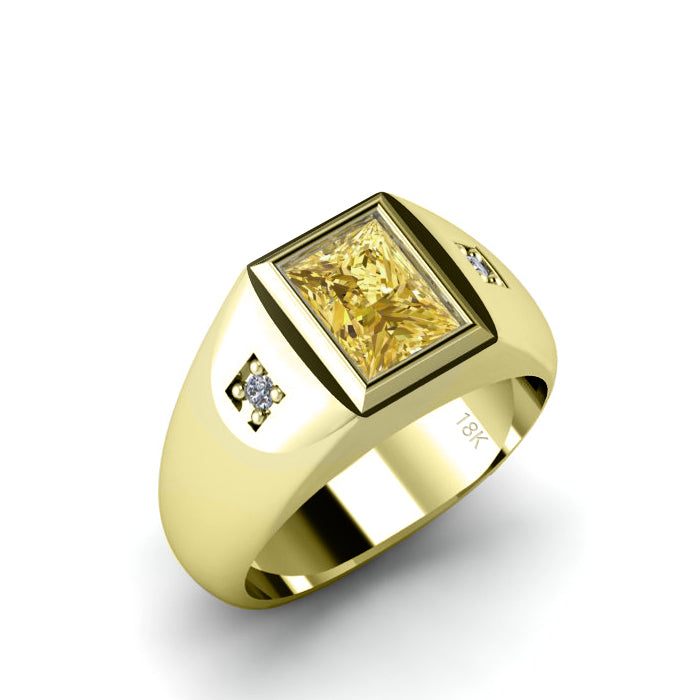 Men's Solid 18K Yellow Gold Ring 2.40ct Citrine with 2 Accent Diamonds ...