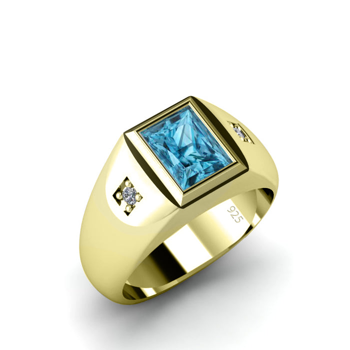 Aquamarine Ring for Men with Natural Diamonds in Gold-Plated Silver – J F M