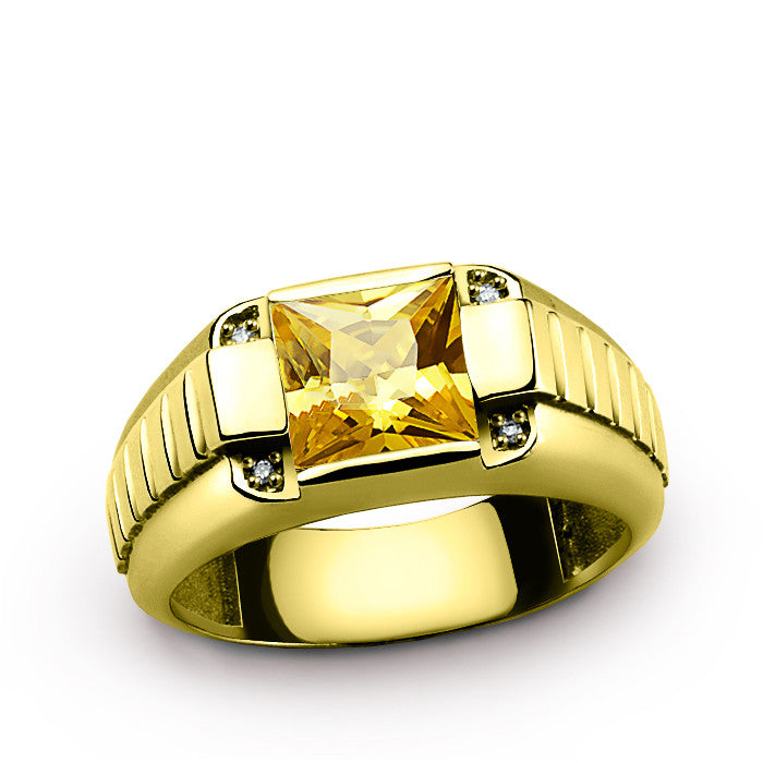 Men's Ring 10K Gold Natural Diamonds and Yellow Citrine Gemstone, Men's ...