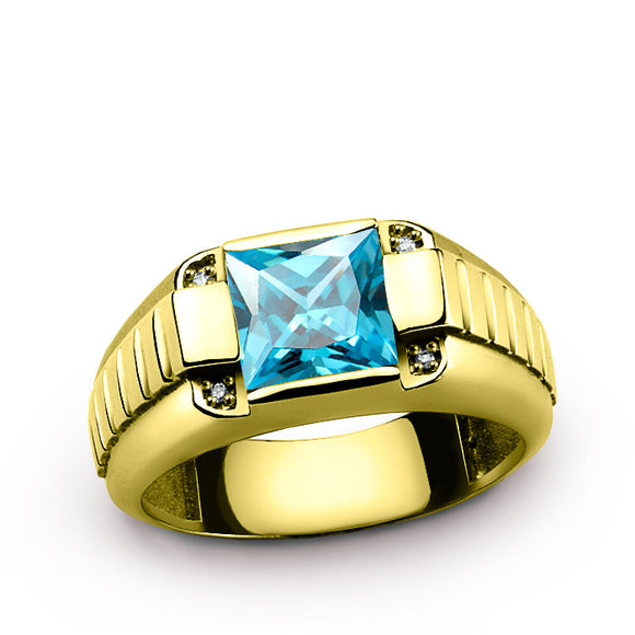 10K Yellow Gold Men's Ring with Genuine Diamonds and Blue Topaz ...