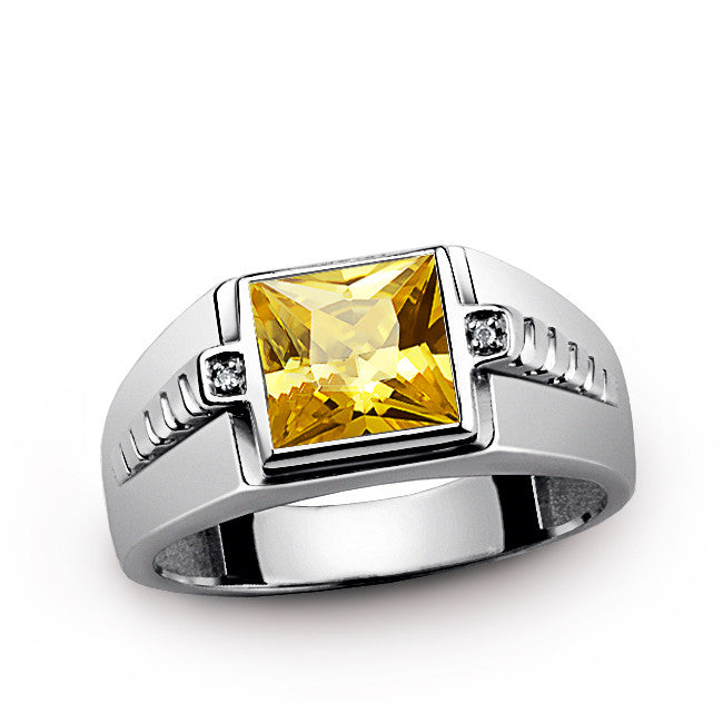 Men's Diamond Ring with Yellow Citrine Gemstone in 925 Sterling Silver ...
