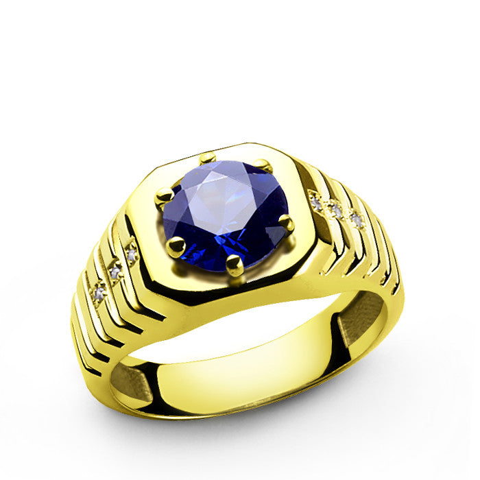 Sapphire and Diamonds Men's Ring in 14k Yellow Gold
