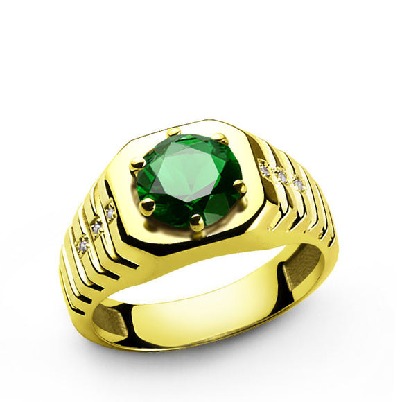 Green Men's Gemstone Ring SOLID 10k Gold with 4 Natural Diamonds Modern ...