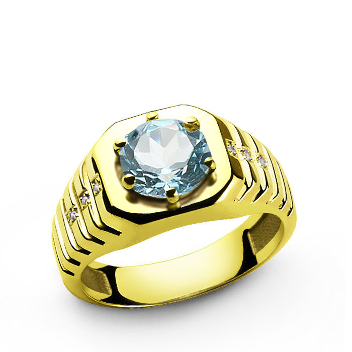 Diamonds Men's Ring in 10k Yellow Gold with Blue Topaz, Gemstone Ring ...