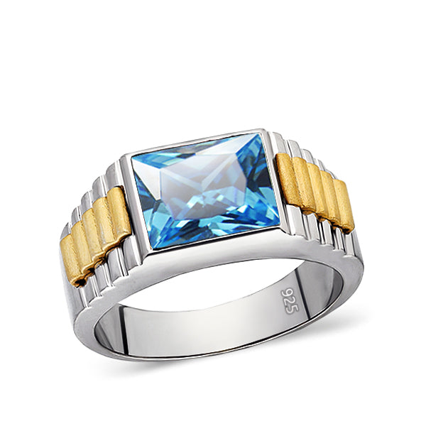 925 Sterling Silver Mens Ring Blue Topaz GemStone Handmade Men