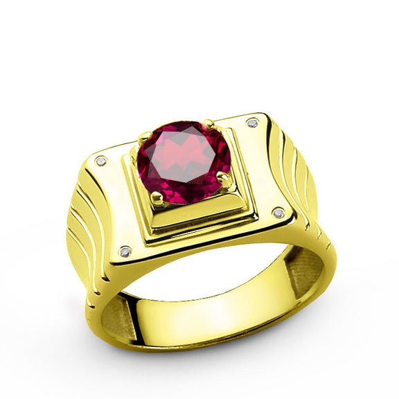 10k Yellow Solid Gold Men's Ring with Ruby Gemstone and Genuine Diamon ...