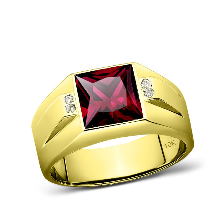 10K Real Yellow Fine Gold Red Ruby Ring For Men with 4 Natural Diamond ...